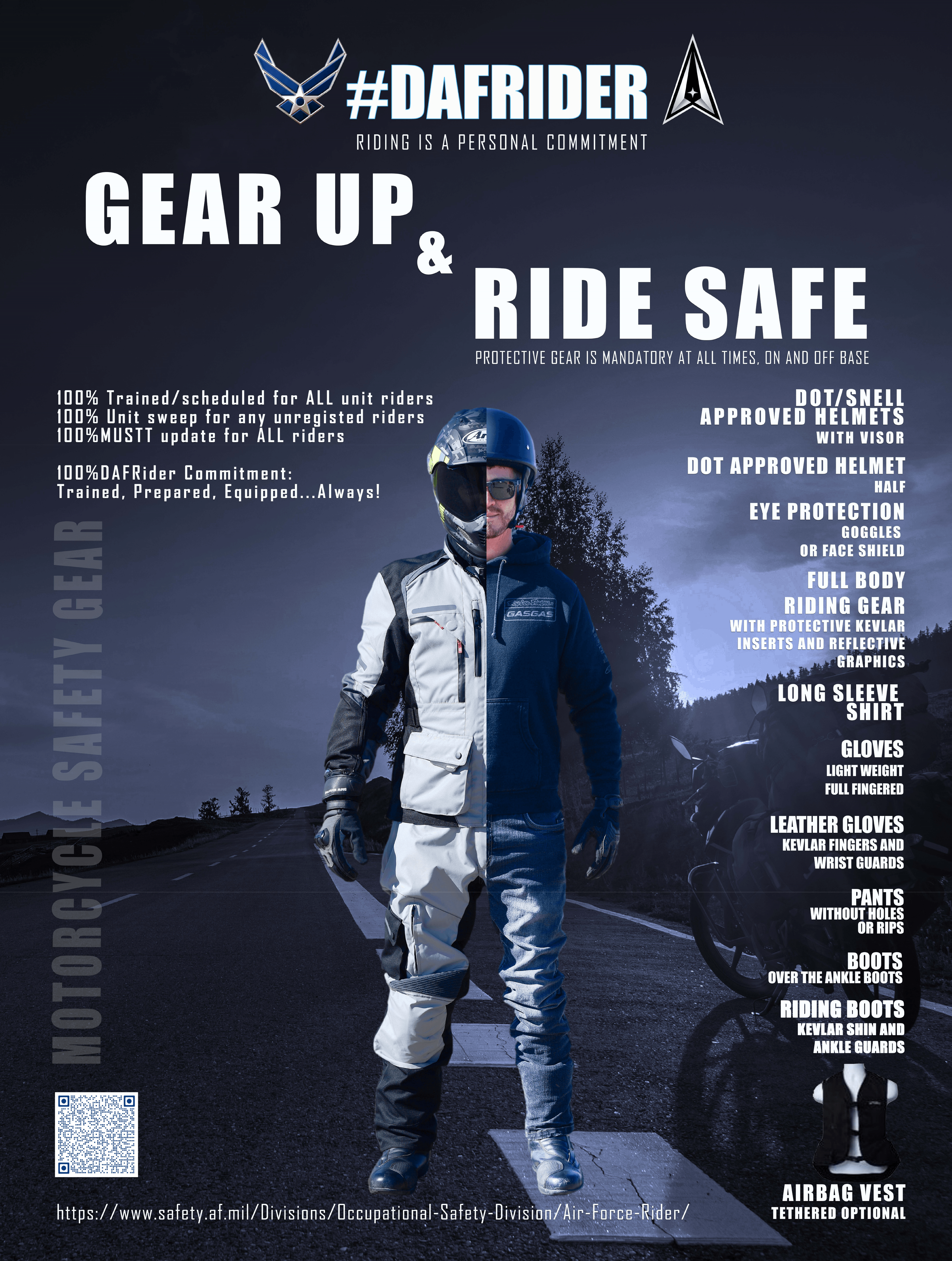 Gear up and ride safe poster - person wearing motorcycle personal protective gear